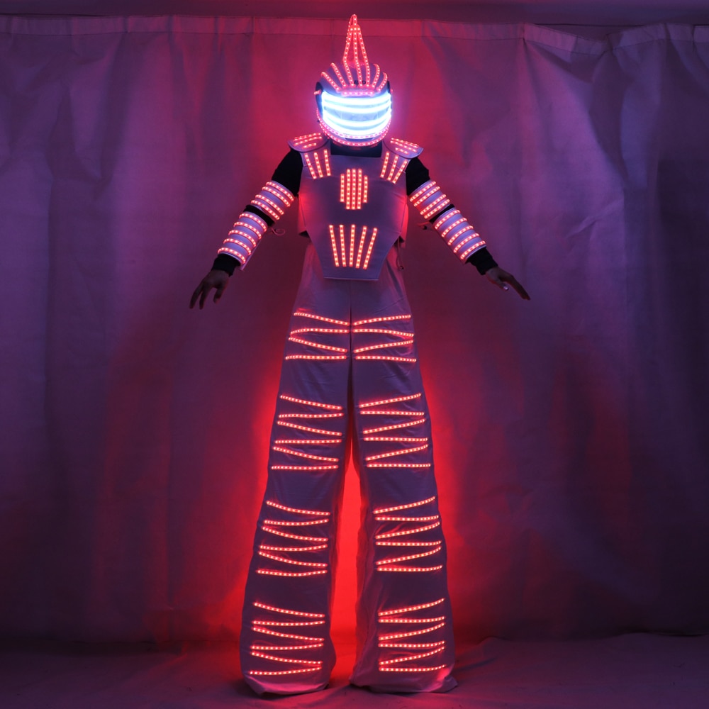 Colorful RGB LED Luminous Costume With Helmet LED Clothing Light Stilt Robot Suit Kryoman David Guetta Robot Dance Wear