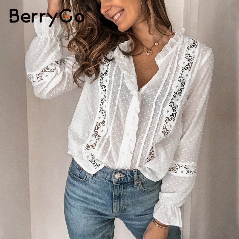 BerryGo Summer floral cotton white blouse Vintage hollow out female office ladies tops Casual lace long sleeve blouse shirts