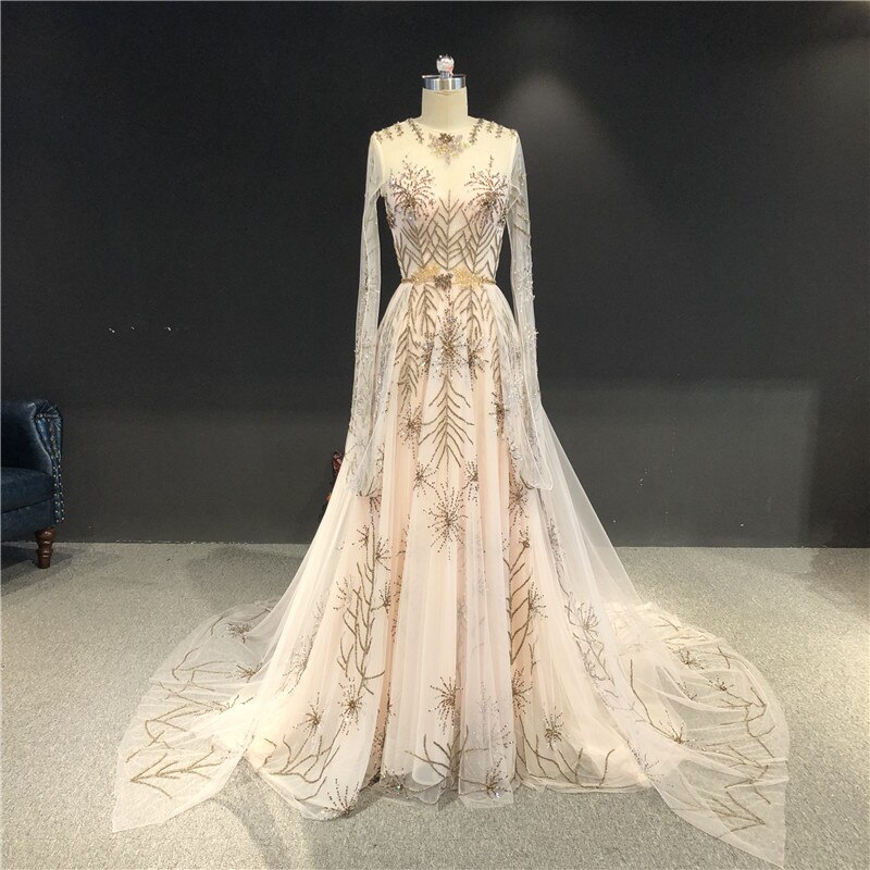 2021 Newest Real High Quality Luxurious Heavy Beadings Pink Long Sleeves A-line Floor-Length Party Prom Formal Evening Dress