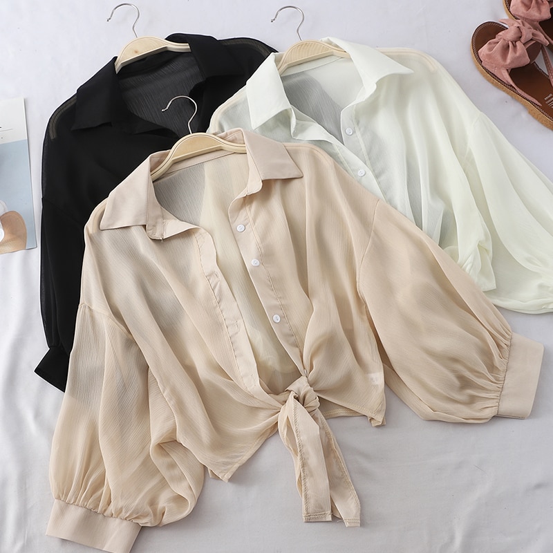 Lantern Sleeve Chiffon Shirts Women 2021 Summer Transparent Buttoned Up Shirt Top Tied Waist Elegant Women Blouses Cropped