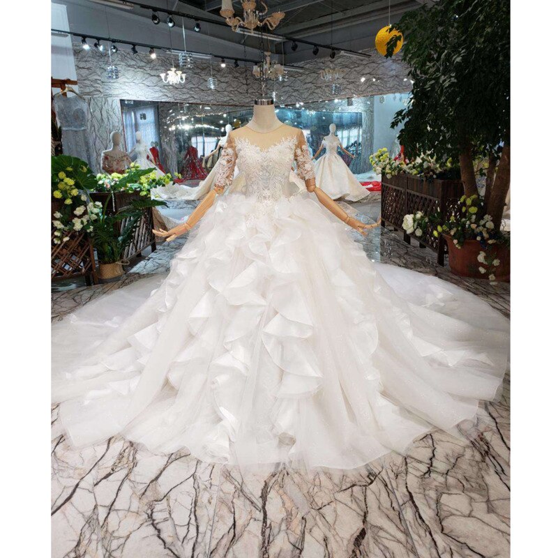 BGW HT567 Ruffle Style Wedding Dresses Like White Short Sleeves Illusion Back Zipper Luxury Handmade Ball Gown Wedding Gown 2020