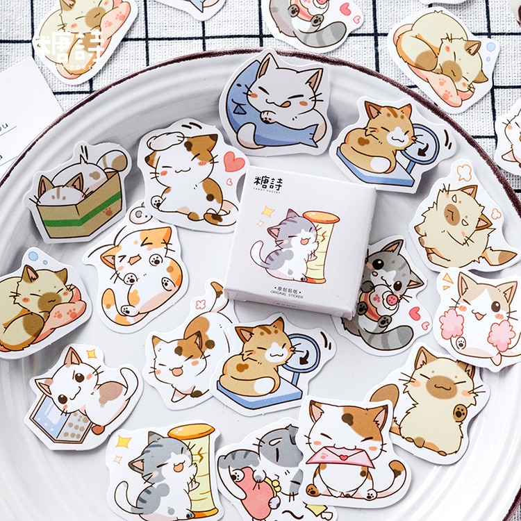 Mohamm 45 Pcs Cute Cat Scrapbooking Stickers Cartoon Paper Sticker Flakes Stationary Office Accessories Art Supplies