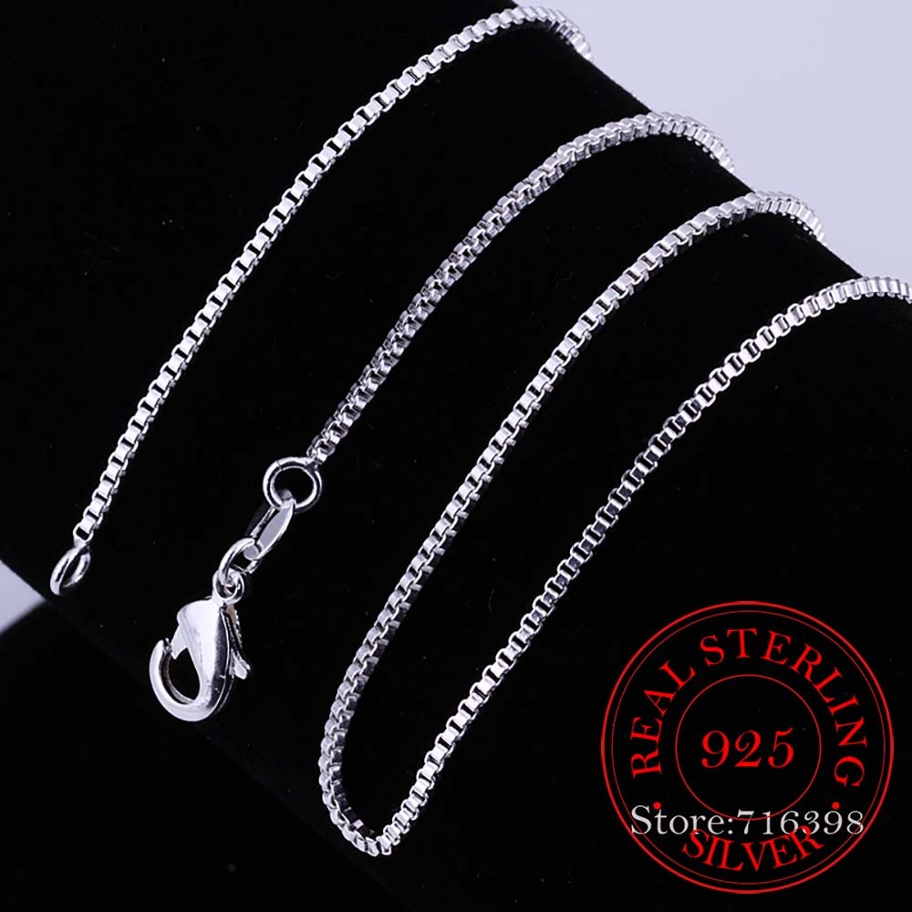 40cm-60cm Thin Real 925 Sterling Silver Slim Box Chain Necklace Women Girls Children 16-24inch Jewelry kolye collares collier