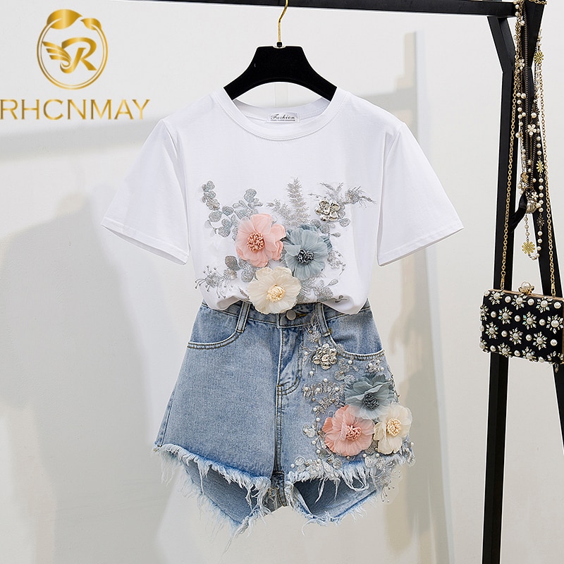 2020 Summer Women 2 Piece Sets Embroidery 3D Flower T-shirt + Denim Shorts Sets Vintage Beading Shorts Sets