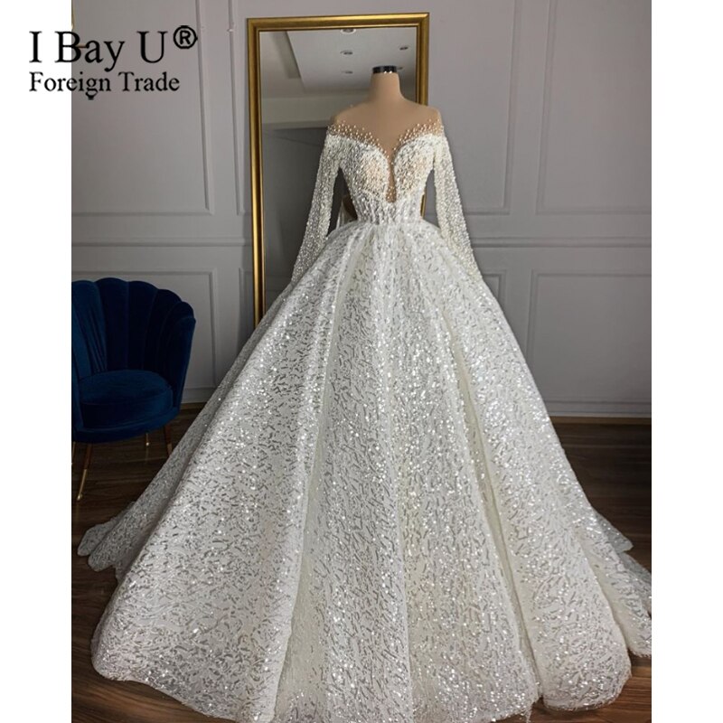 Stunning Pearl Princess Luxury Long Sleeve Wedding Dress 2020 with Full Beading African Wedding Gowns vestidos de noiva