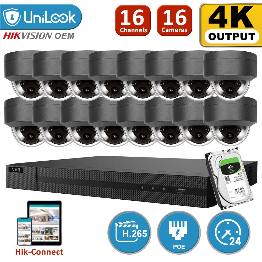 UniLook 16CH NVR 16Pcs 4K 8MP POE IP Cameras NVR Kit Outdoor Security System Audio H.265 Motion Detection IR 30m Onvif P2P View