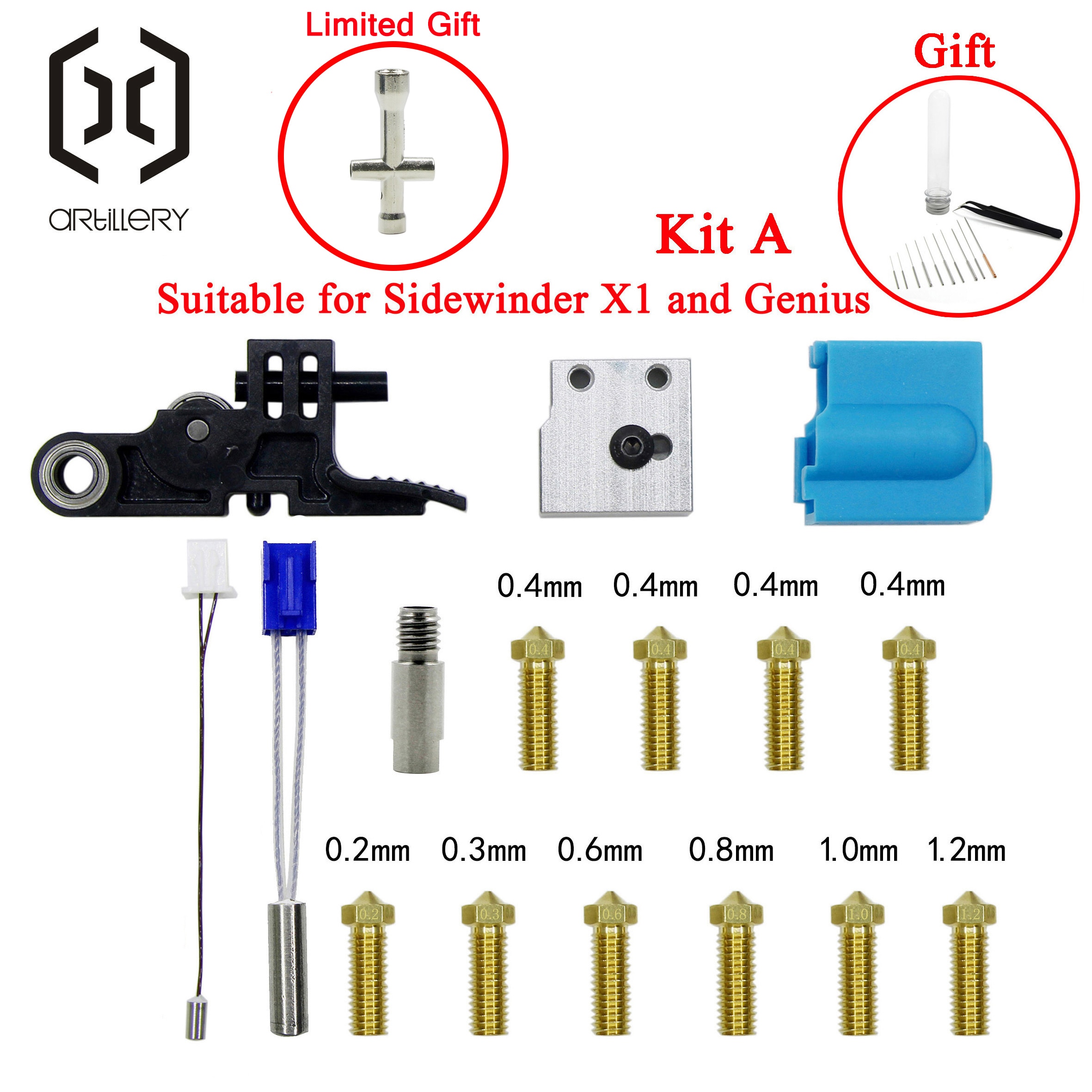 Artillery 3D Extruder Sidewinder X1 And Genius Silicone Nozzle Kit Heat Block Throat Heat Pipe And Thermistor Extruder Idler Arm