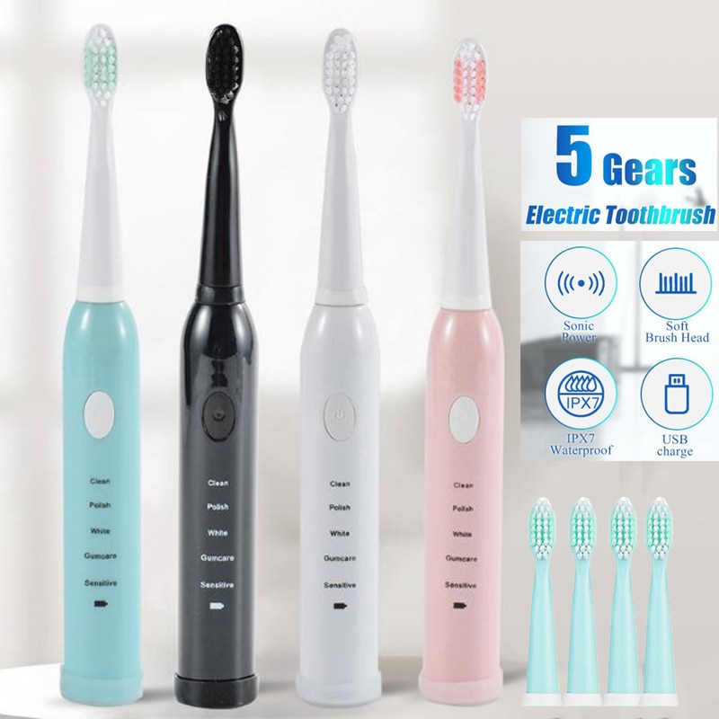 Rechargeable Electric Toothbrush Ultrasonic Powerful Automatic Smart Tooth Brush with Replacement Toothbrush Heads 5 Modes Adult