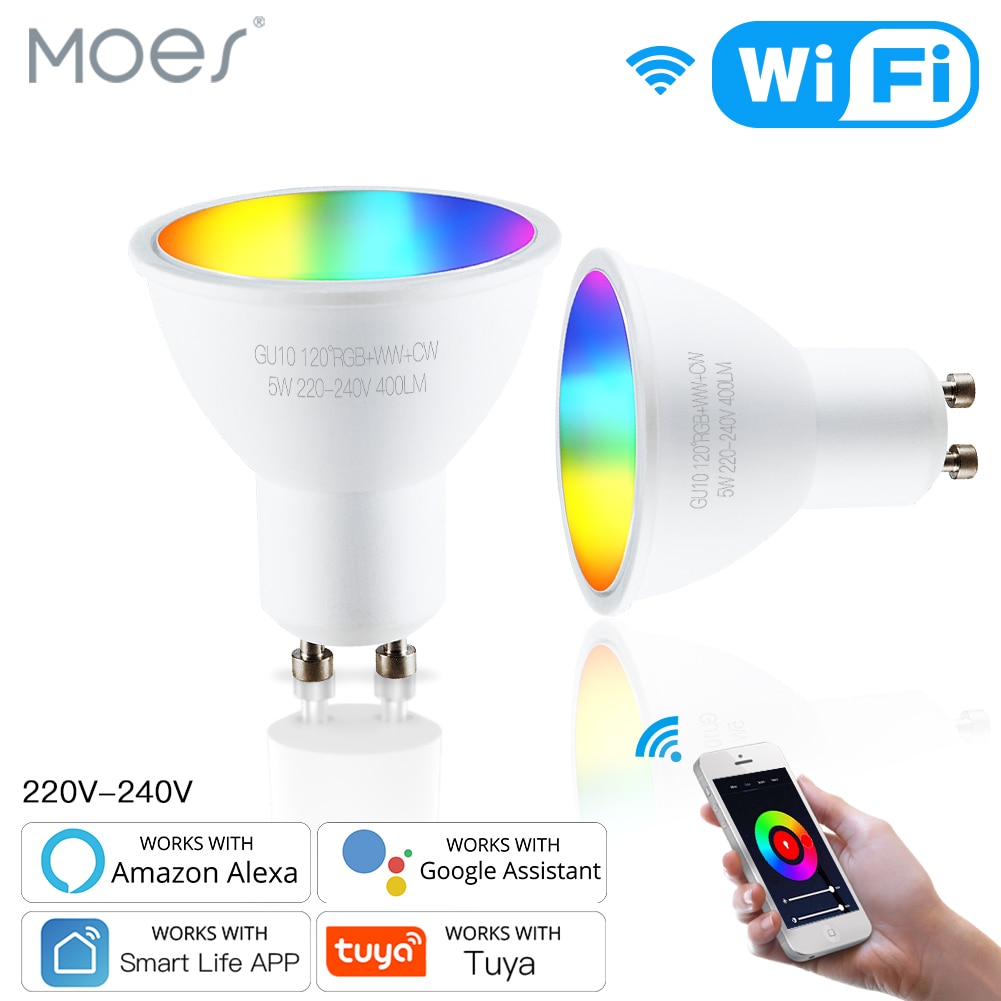 Moes Tuya GU10 WiFi Smart Light LED Bulbs RGBCW 5W Dimmable Lamps Smart Life Remote Contro Work with Alexa Google Home