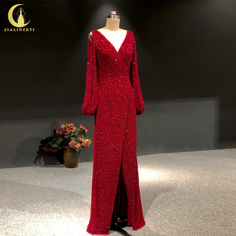 JIALINZEYI Rhine wine red long sleeves full beads Sexy V Neck Slit Floor length Party dresses New Evening dress