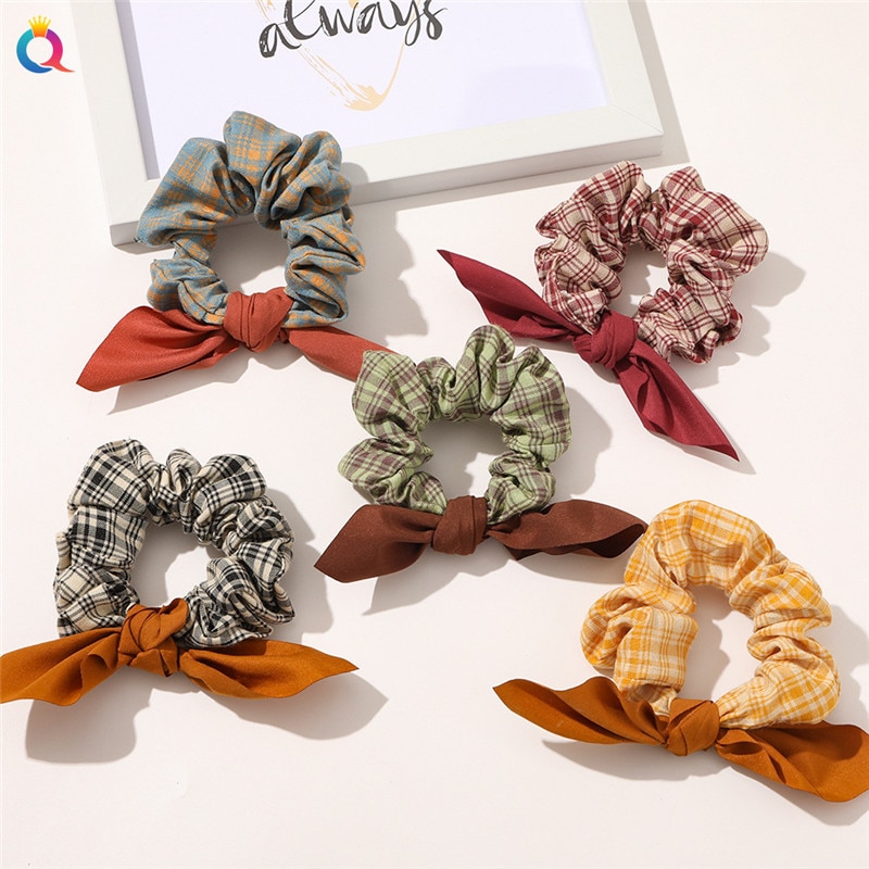 French Style Plaid Pattern Scrunchies Retro Girls Hair Rope Rabbit Ear Bow Knotted Elastic Hair Band Ponytail Hair Accessories