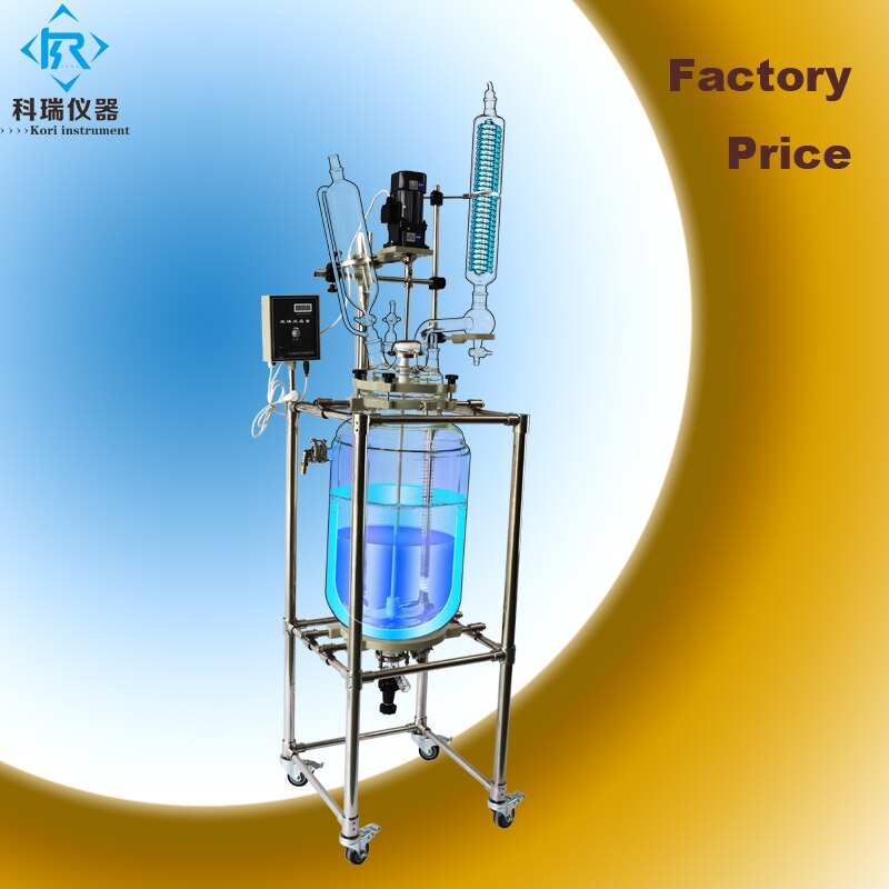 China factory price for lab chemical double layer jacketed 50 litres reactors glass w cap-cover w shirt W PTFE Stirrer