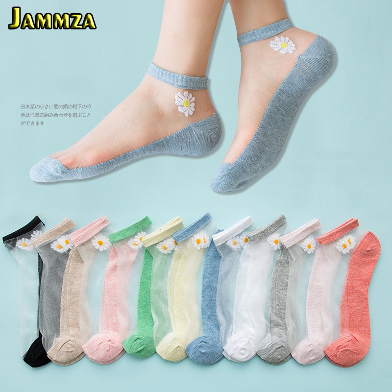 5Pairs/Lot Women Socks for summer Ultra-thin Transparent Cass Glass fiber Silk Socks Fashion daisy Flower Japan Ankle Socks