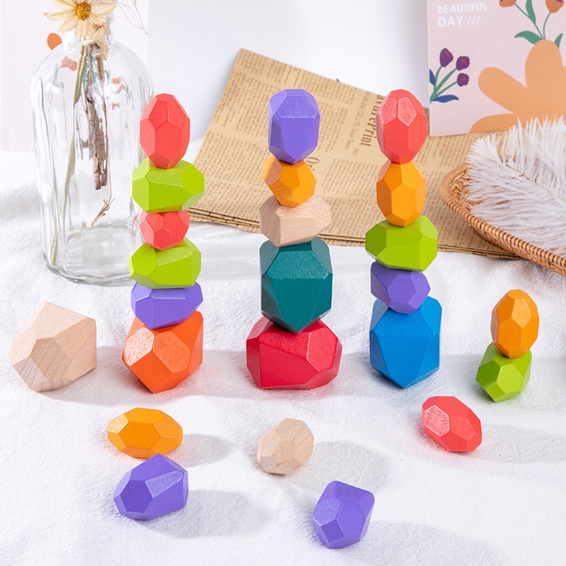 16 Piece Nordic Style Stacking Wooden Stones Set Balancing Blocks Block Natural Wood Toy Open-Ended Educational Montessori Toy