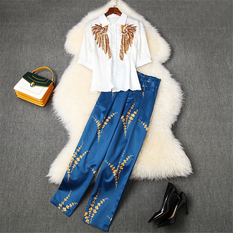 High Quality Designer Runway Suit Set Women 2020 Summer Style Pants Two Piece Set Sequined Blouse and Pants Matching Sets