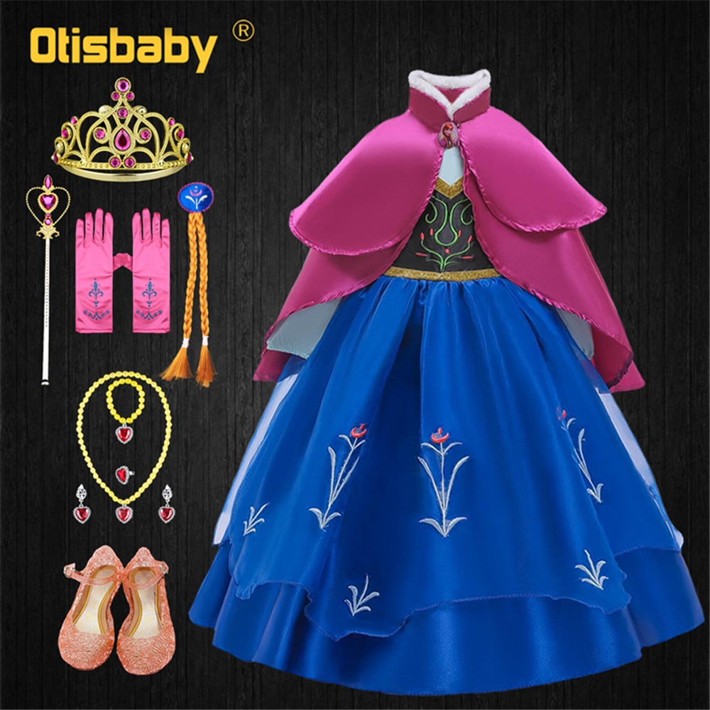 Girls Anna Elsa Dress Fancy Princess Anna Costume Summer Turtleneck Dresses for Girls Fairy Frock Anna Dress Up with Rose Cape