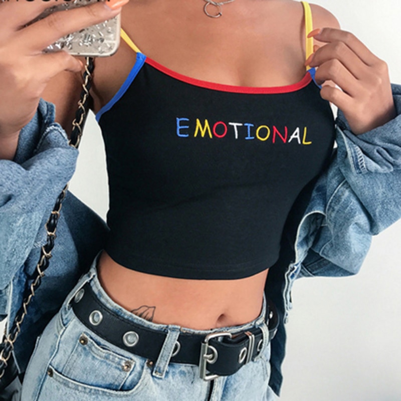 Summer Women Crop Top Sexy EMOTIONAL Letter Embroidered Tank Tops Ladies Spaghetti Strap Elastic Blouse Summer Cropped Top