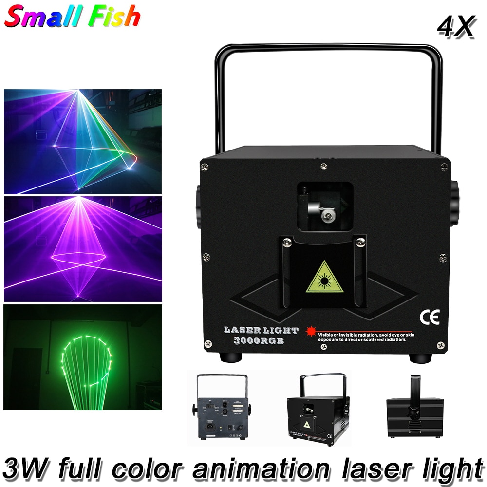 4Pcs/Lot Sound Cntrolled RGB 3W Laser Lights Full Color Animated Pattern Stage Laser Light Show Dance Party Disco DJ Projector