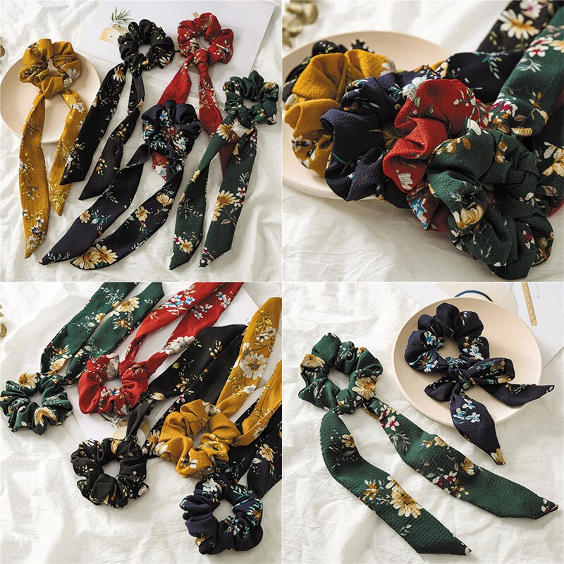 Women Vintage Scrunchies Floral Printing Elastic Hair Bands Long Ribbon Hair Ties Girls DIY Bowknot Ponytail Hair Accessories