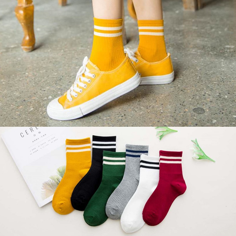 Funny Cute Japanese High School Girls Cotton Loose Striped Crew Socks Colorful Women Sox Harajuku Designer Retro Yellow White