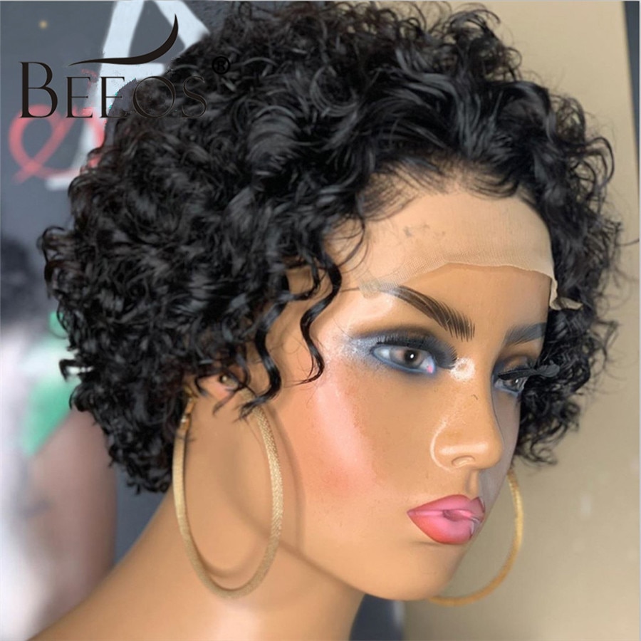 Beeos 250% Pixie Cut Short Curly Wig 4*4 Closure Lace Human Hair Wigs Brazilian Remy 8"Inch Human Hair PrePlucked With Baby Hair