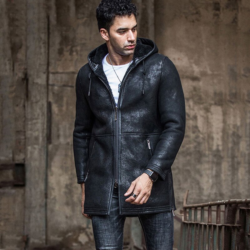 New Mens Sheepskin Shearling Jacket Long Fur Coat Black Leather Jacket B3 Bomber Jacket Mens Warm Jacket