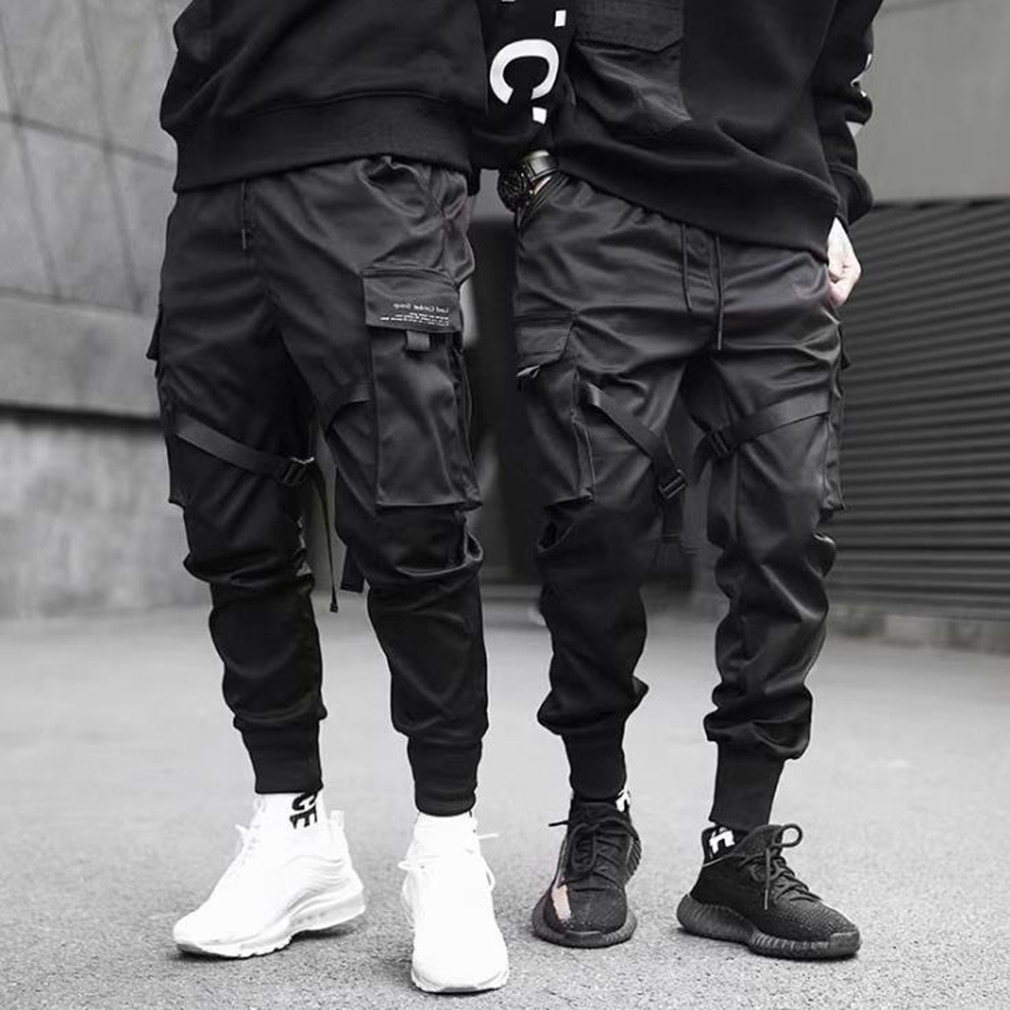 Men Ribbons Color Block Black Pocket Cargo Pants Joggers Harajuku Sweatpant Hip Hop Trousers Leisure Loose Trousers