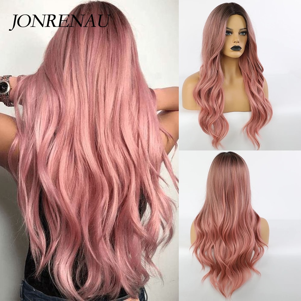 JONRENAU Synthetic Long Wavy Dark Root Ombre Pink Cosplay Wigs for Black White Women Colorful Fiber Hair Wigs High Temperature