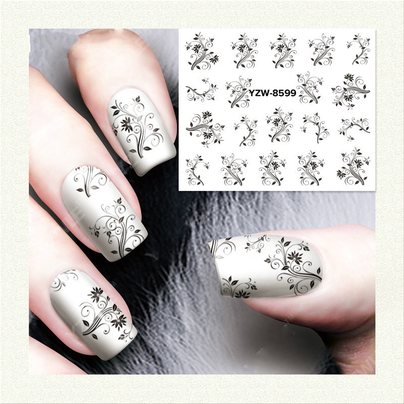 2 Sheets flower Nail Decals Stickers decoration Pattern Black Nails Water Decor for Simple Manicure Salon DIY