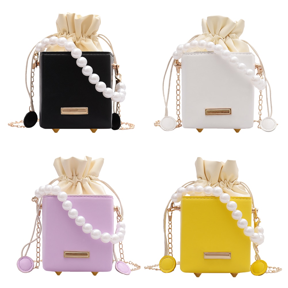 Fashion Square Box Crossbody Bags Women PU Leather Pearl Chain Mini Shoulder Purse Drawstring Female Sling Messenger Totes Handb