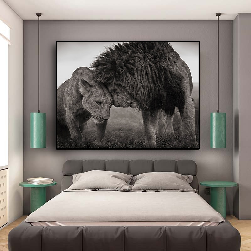 Lions Head to Head Black and White Canvas Art Painting Posters and Prints Scandinavian Cuadros Wall Art Picture for Living Room