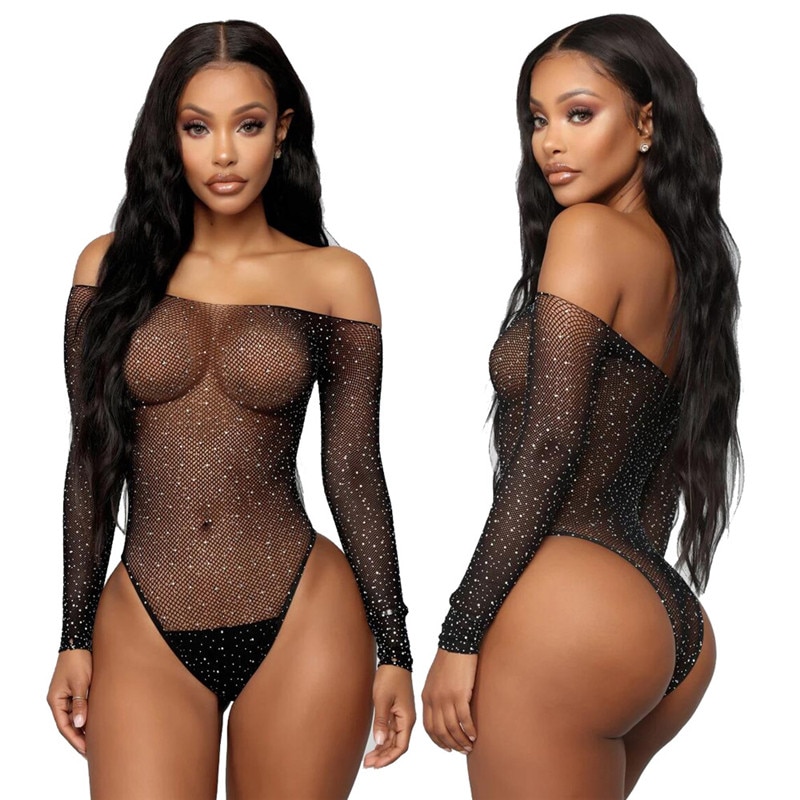 Out See Through Off Shoulder Sexy Lingerie Sexy Bodysuit Women Fishnet Rhinestone Bodycon Long Sleeve Leotard Tops Hollow