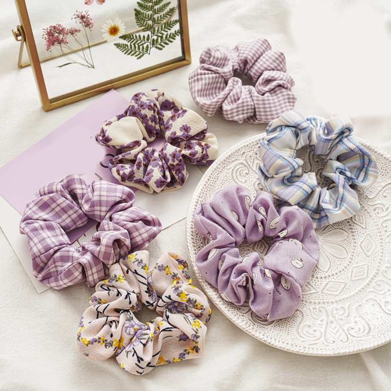 Fashion Purple Scrunchie Elastic Hair Bands Plaid Floral Scrunchies Women Stertchy Headband Girls Hair Ties Hair Accessories