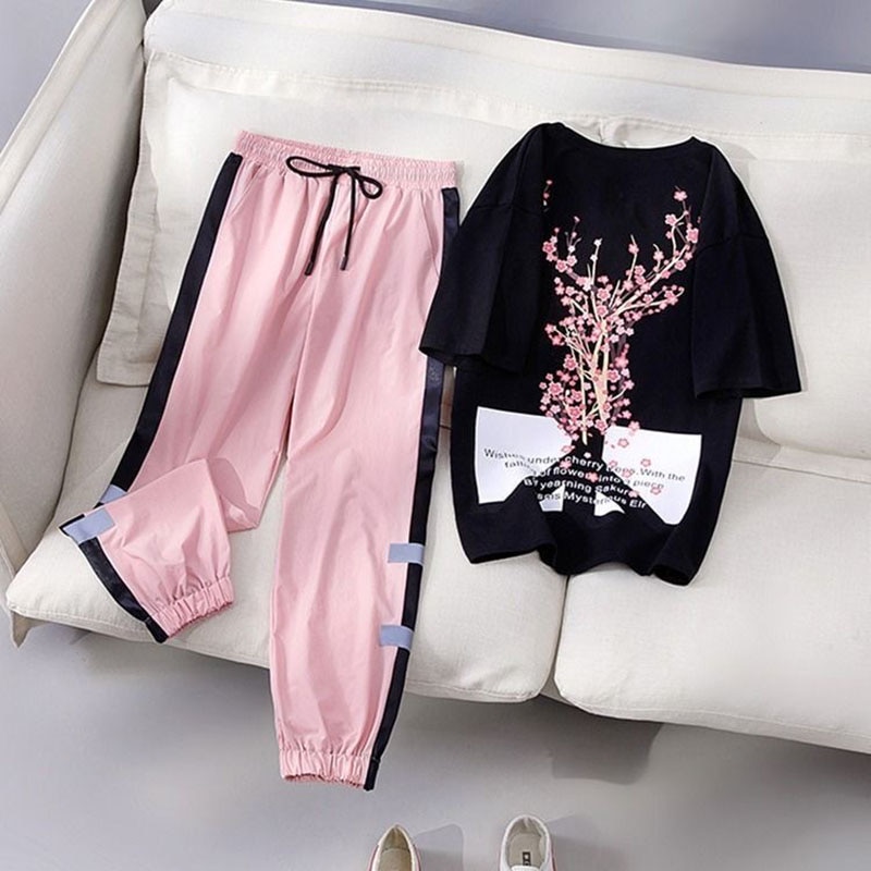 Two Piece Set Women Fashion Sport casual suit Flower Letter Print Top+Print Elastic Waist Long Pants Summer Tracksuit Female T15