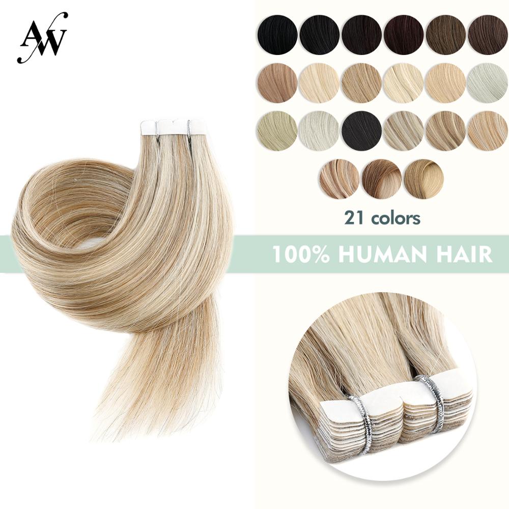 AW 10''-24'' Mini Tape In Human Hair Extensions Straight Seamless Invisible Natural Machine Made Remy Adhesive Extension