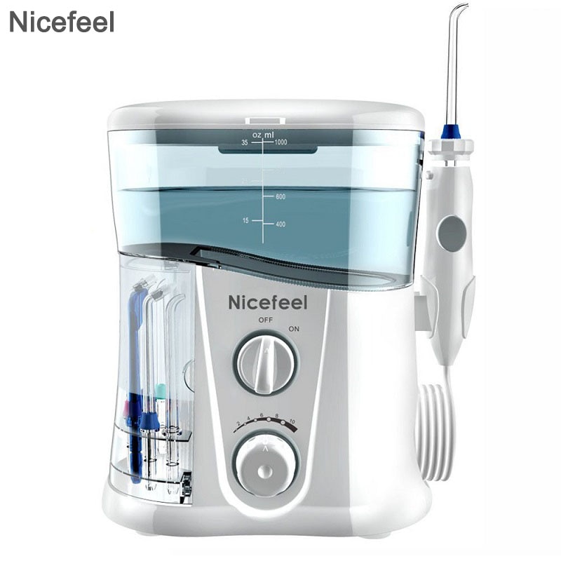 Nicefeel 1000ml Electric Oral Irrigator Teeth Cleaner Care Dental Flosser SPA Water Flosser with Adjustable Pressure+ 7 Pcs Jet