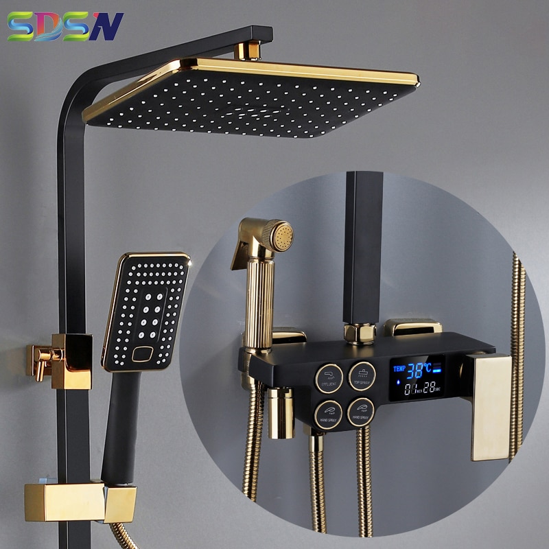 Hot and Cold Digital Shower Set Faucet Bathroom Shower System Black Gold Shower Faucet Square Shower Head Bath Shower System