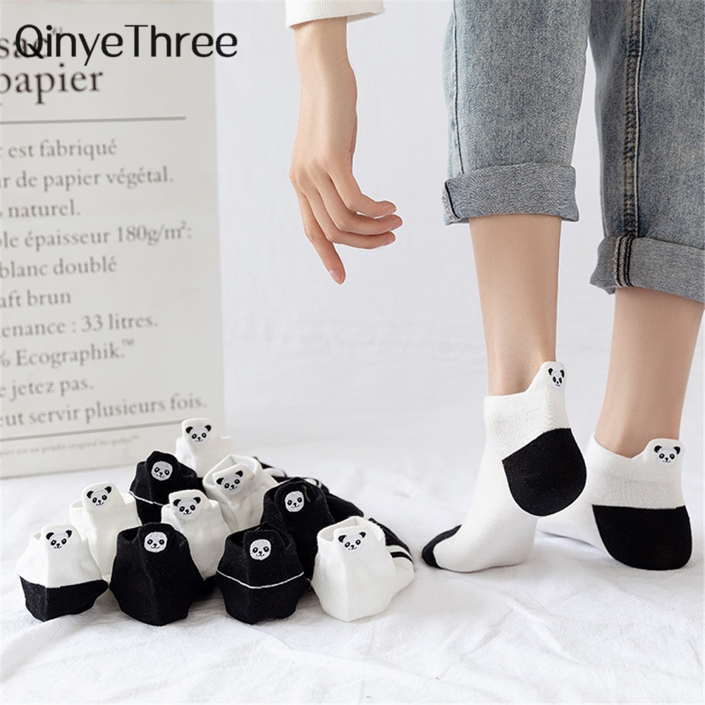 Funny Cute Embroidery Panda Socks Women Harajuku Divertidos Kawaii White Black Calcetines Mujer Ankle Sokken Chaussette Femme