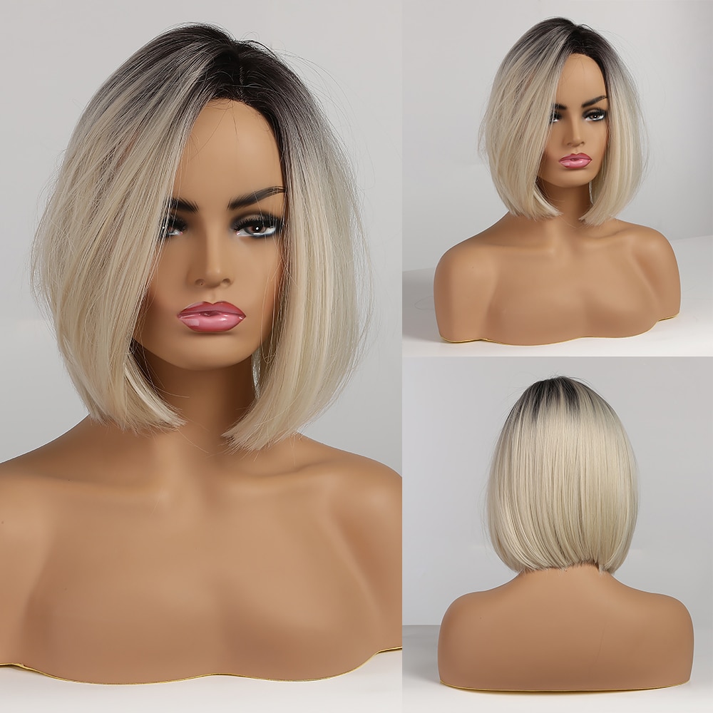 Short Straight Bob Hairstyle Synthetic Wigs Brown to Light Blonde Ombre Hair Side Part For Women Cosplay Heat Resistant Wigs