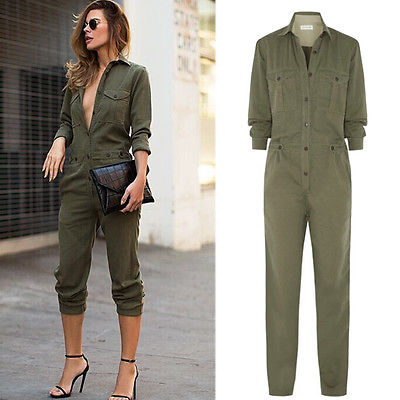 Hot Sale Ladies Sexy Vintage Romper Long Pants Women Slim Bodycon Jumpsuit Long Sleeve Army Green Solid Casual Cargo Pants