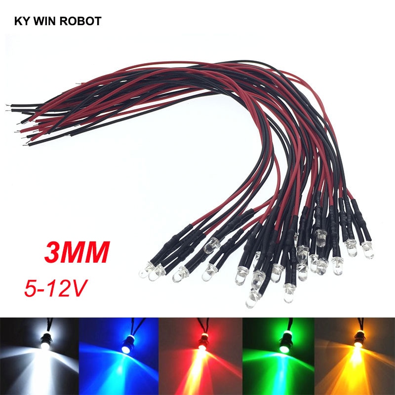 10PCS 3mm LED 5-12V 20cm Pre-wired White Red Green Blue Yellow UV RGB Diodo Lamp Decoration Light Emitting Diodes Pre-soldered