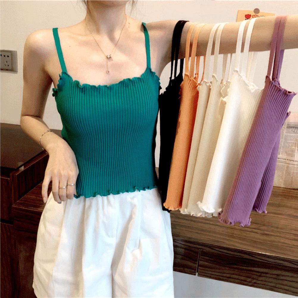 Women Sexy Camisole bottoming shirt Solid Color Women Sleeveless Ruffled Slim Vest Camisole Strappy Tank Tops female