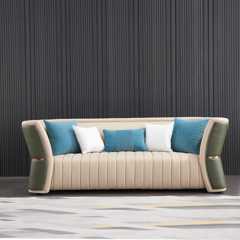 1 123 sofa set Villa Slim Stainless Steel Light Luxury Minimalist Modern Outfit Full-Grain Leather Sofa