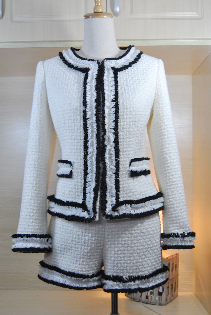 New small sweet wind hit color hair shorts suit thick wool coat skirt OL suit black and white can customized big size