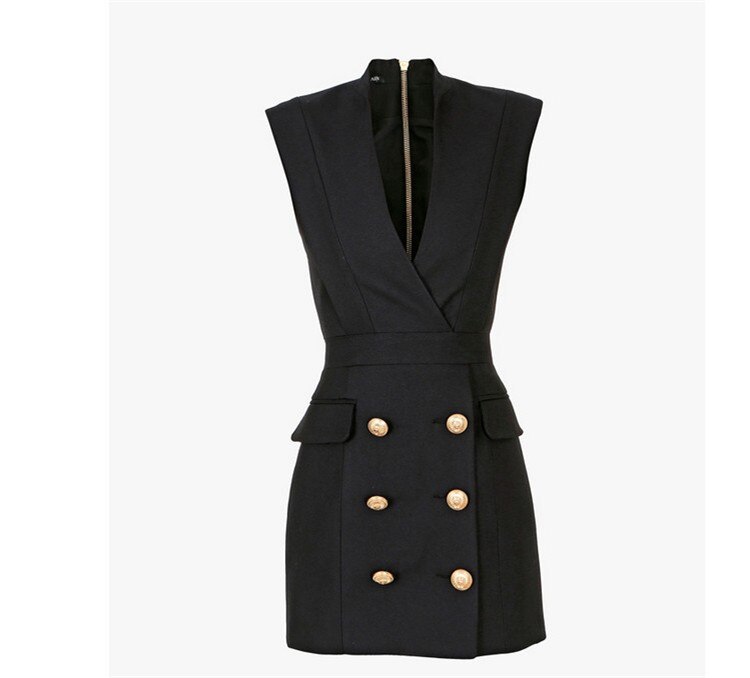 New spring summer custom double-breasted suit black jumper Sleeveless v-neck female waist dress