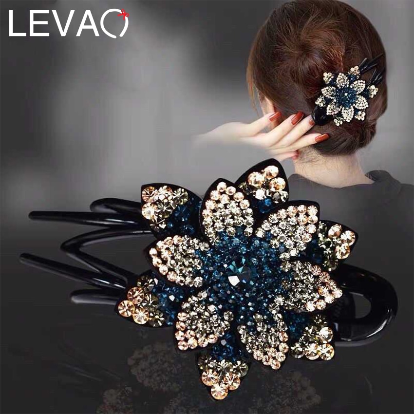 Levao Shiny Rhinestone Flower Hairpin Acrylic Duckbill Clip Hair Claw Female floral Barrettes Hair Clips for Women Headwear