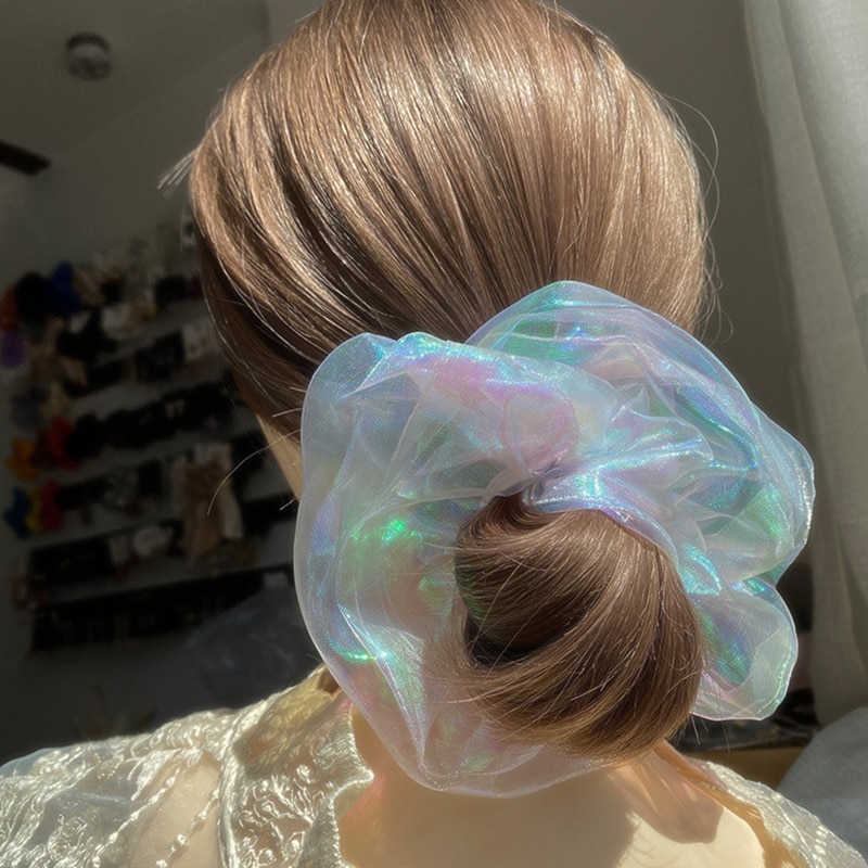 New Women reflective Shining Organza Big Hair Scrunchies Solid Plain Hair Gums Elastic Rubber Bands Vintage Bohemian Hair Ties