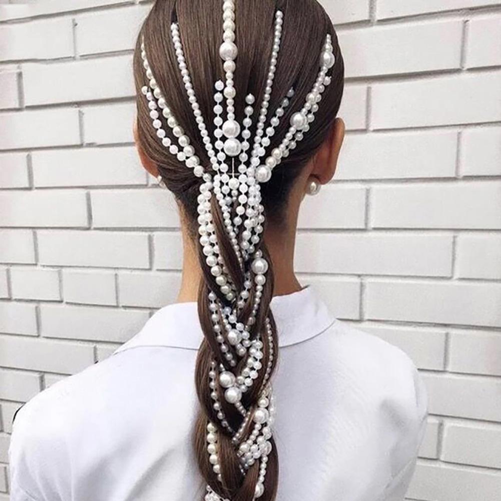 2020 Metal Style Ponytail Long Tassel Chain Hair Women Fake Pearls Hair Extension Chain Ponytail Tassel Headdress Party Decor