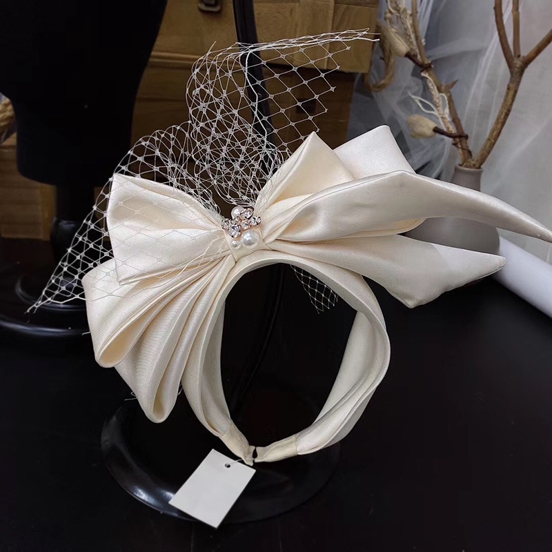 Vintage Champagne Mesh Bow Headband Bridal Headdress wedding hair Accessories