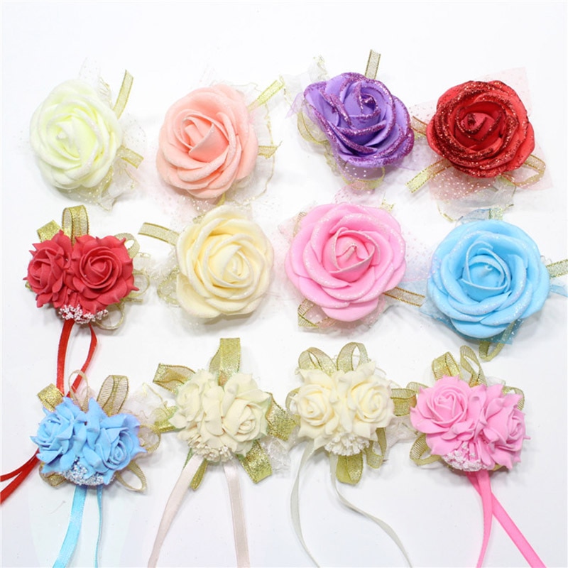 Hot 1PC Foam rose bridesmaid wrist corsage bracelet Wedding party Bridal flower Ribbon Wrist